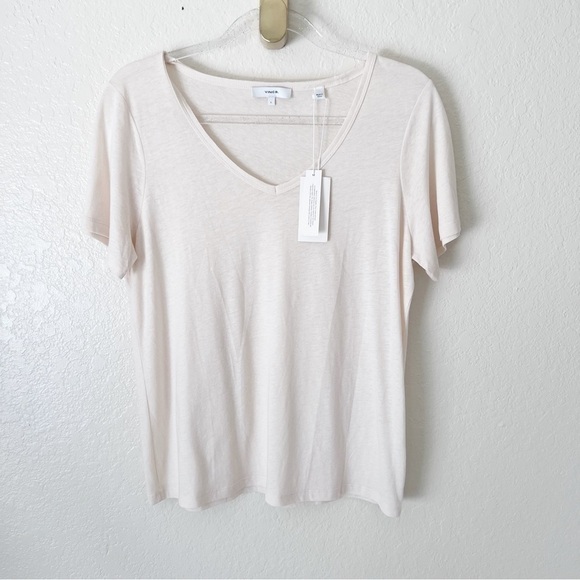 NWT VINCE V NECK LINEN BLEND WOMEN TEE SIZE L - Picture 5 of 12